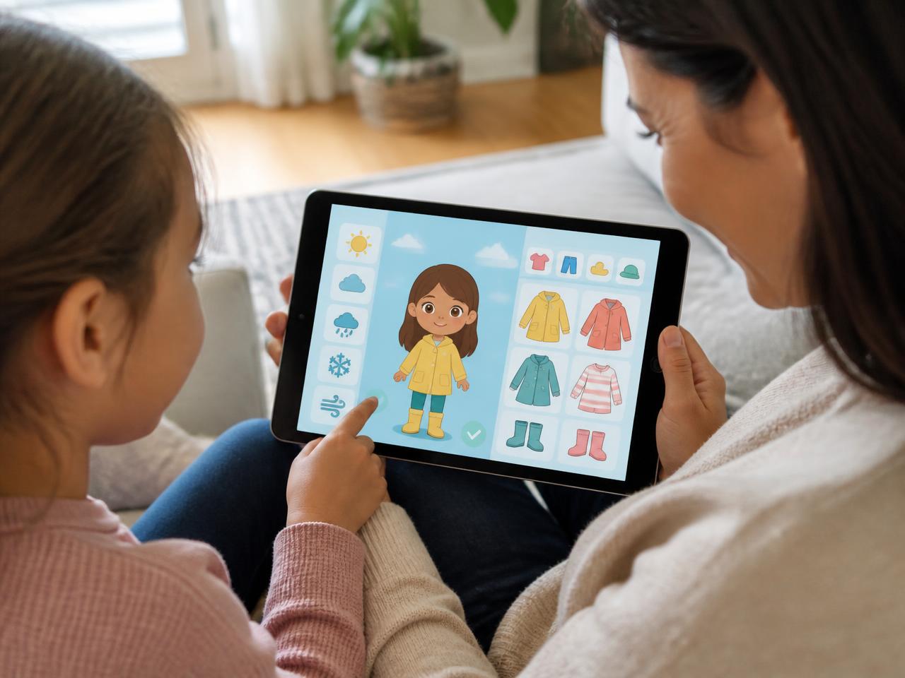 Una mamma e sua figlia usano insieme MAULOTTO su un iPad, scegliendo i vestiti in base al meteo