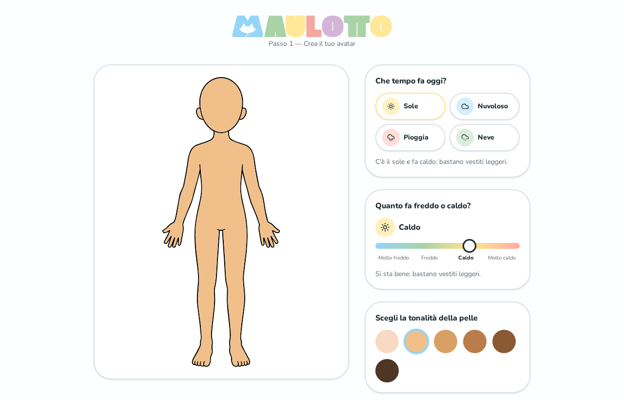 Anteprima della web app MAULOTTO: creazione dell'avatar, scelta del meteo e della tonalità della pelle